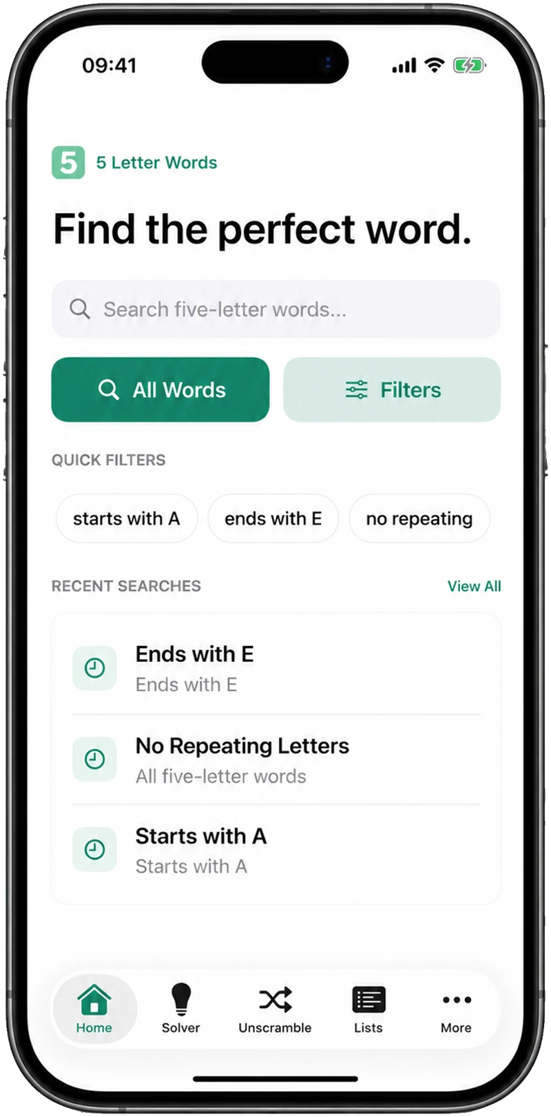 5 Letter Words iPhone app showing pattern search, quick filters and recent searches.