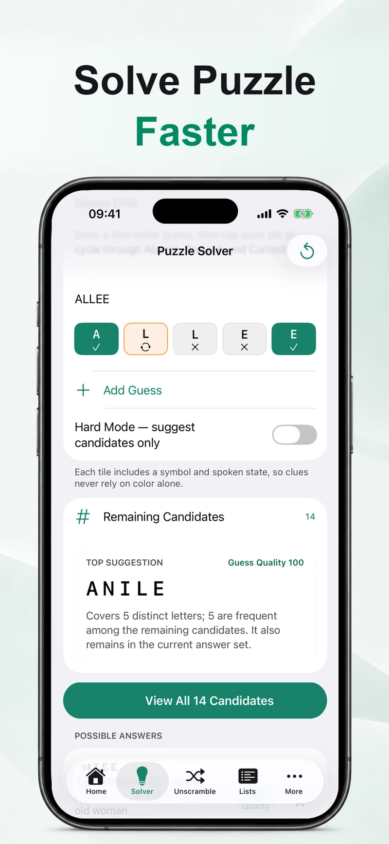 Multi-row puzzle solver showing repeated-letter clue states, remaining candidates and an explained guess recommendation.