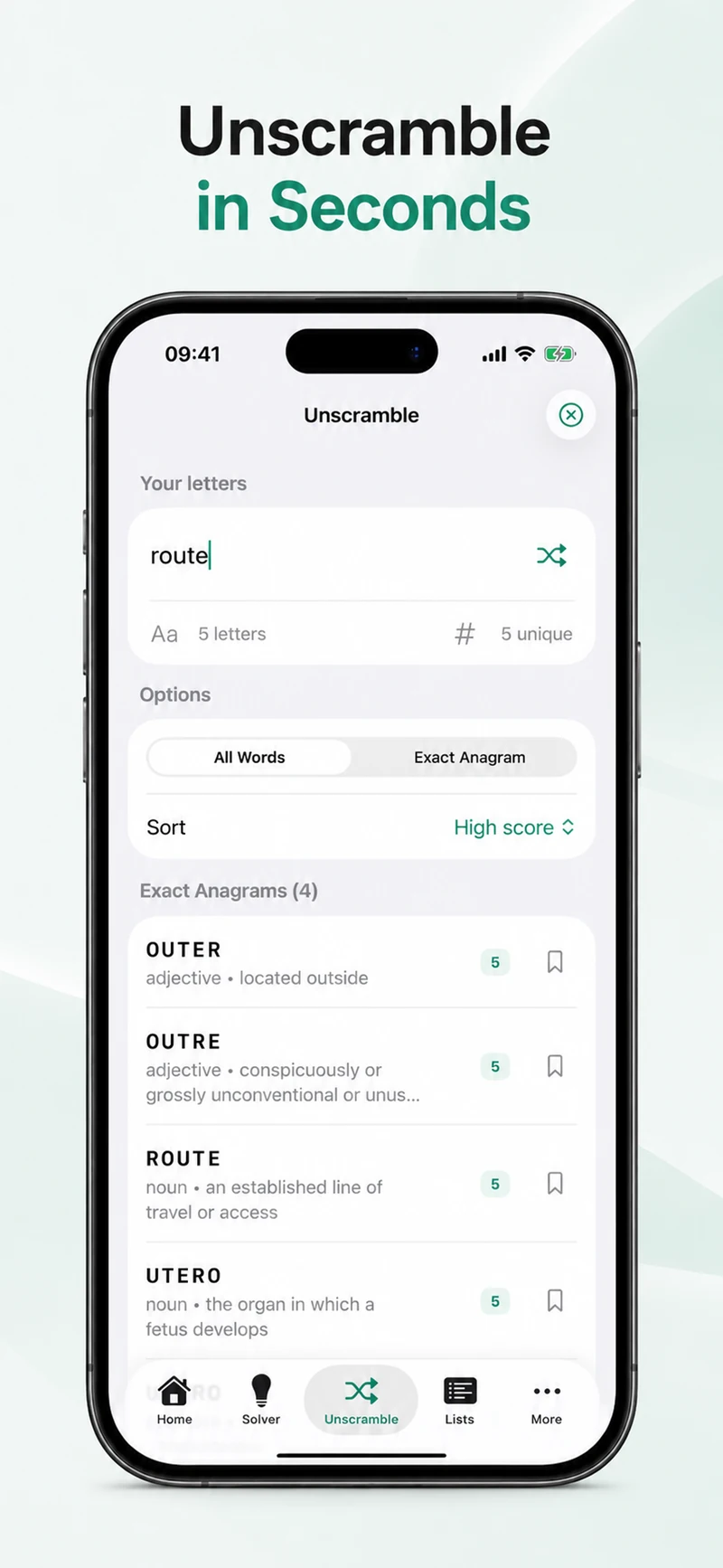 iPhone unscrambler showing exact anagrams from ROUTE, scores and bookmark actions.