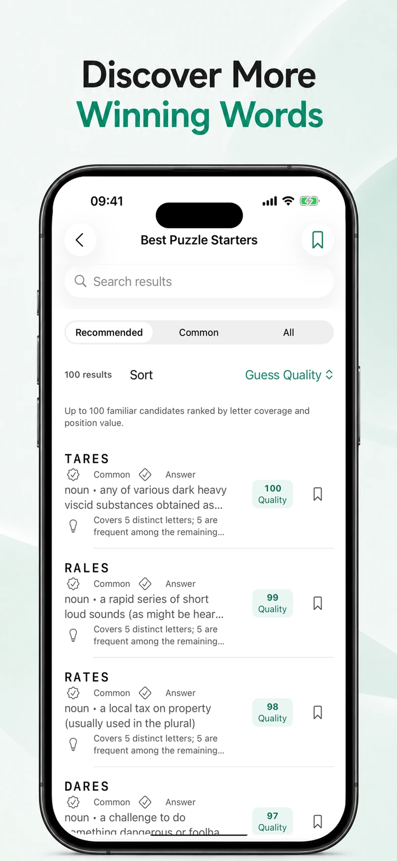 iPhone results with Recommended, Common and All scopes, Guess Quality and saved-word controls.